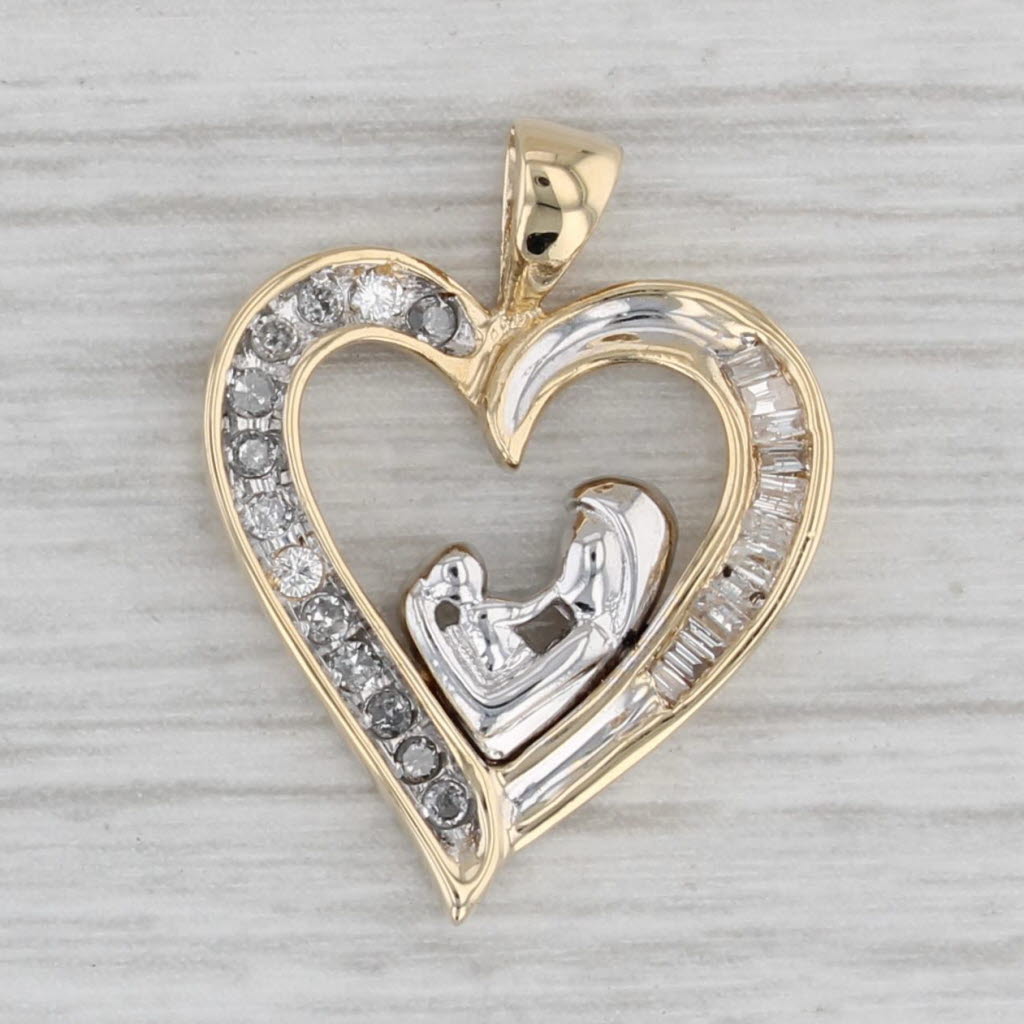 Gray 0.20ctw Diamond Mother & Child Heart Pendant 10k Yellow White Gold