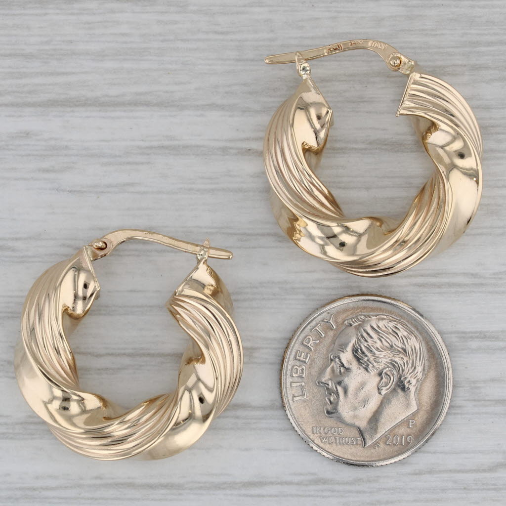 Gray Chunky Twist Hoop Earrings 14k Yellow Gold Snap Top Round Hoops