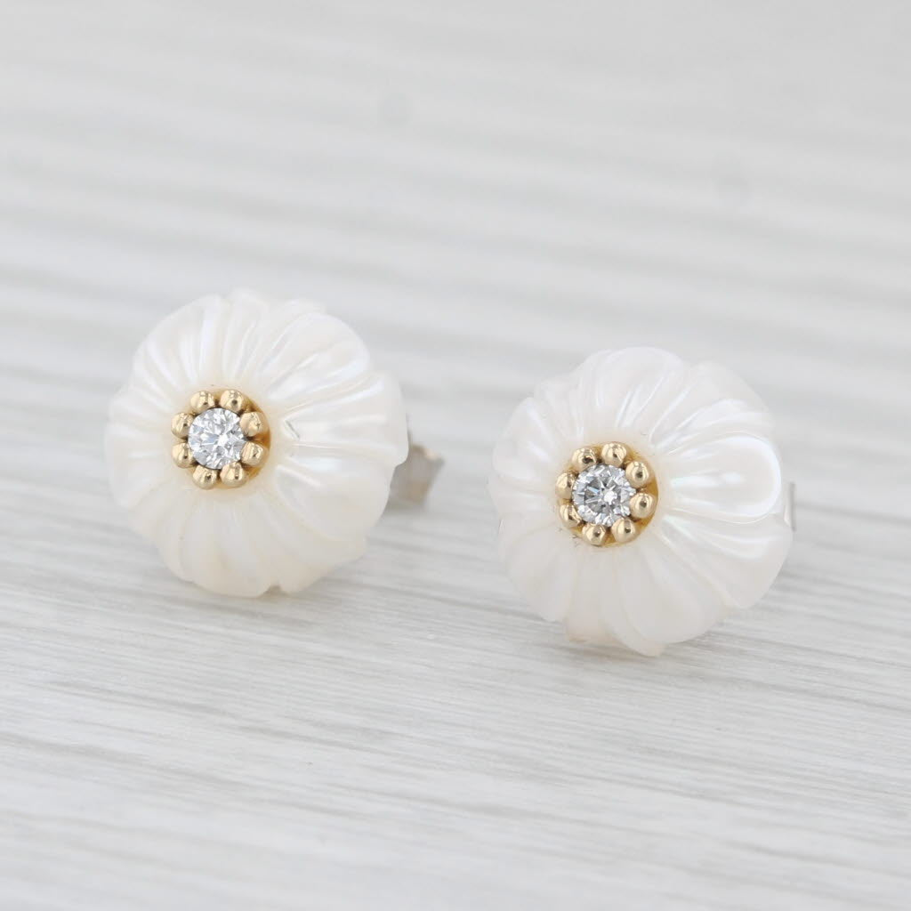 Light Gray New Cultured Pearl Carved Daisy Flower Diamond Stud Earrings 14k Gold Galatea