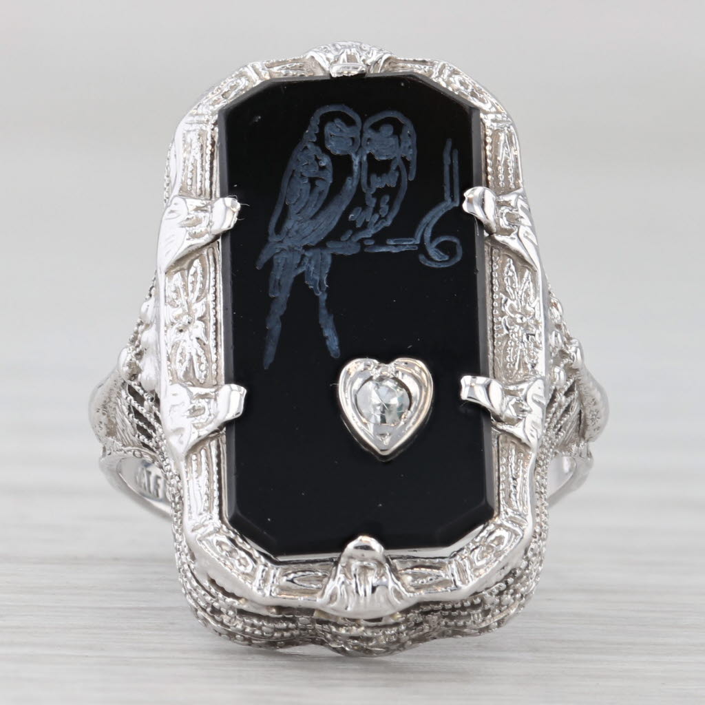 Light Gray Art Deco Bird Ring 14k White Gold Filigree Diamond Heart Parrots Peacocks Size 5
