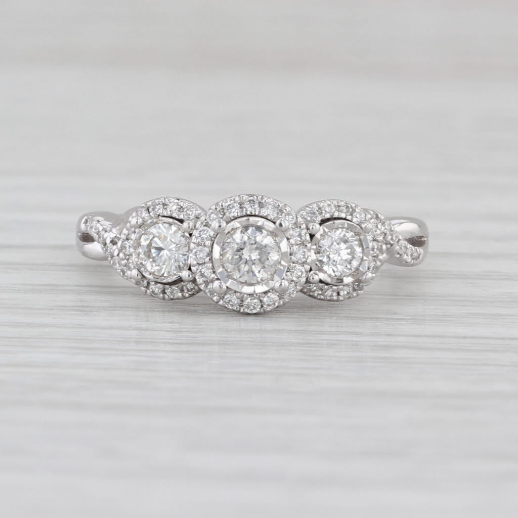 0.47ctw Diamond 3-Stone Halo Engagement Ring 10k White Gold Size 6.75