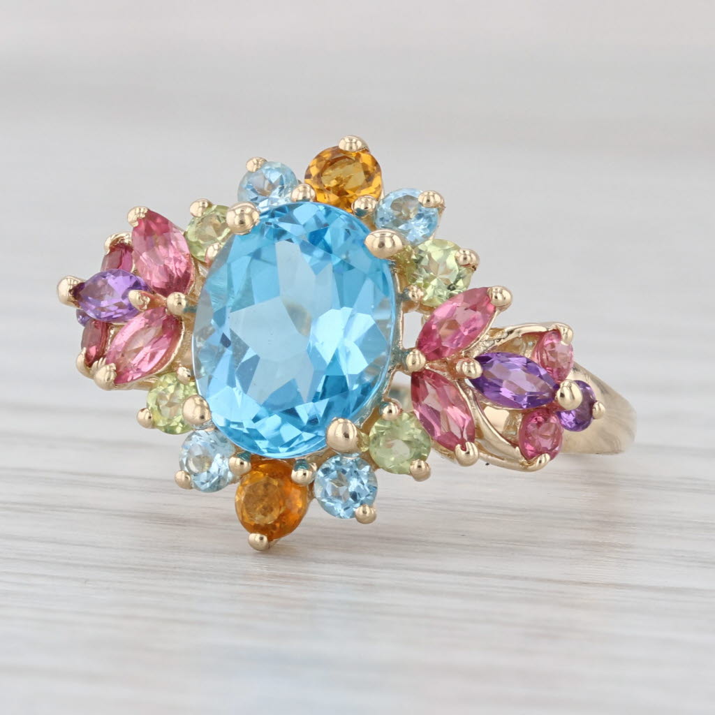 4.51ctw Blue Topaz Citrine Peridot Cluster Ring 14k Gold Size 8.25 Cocktail