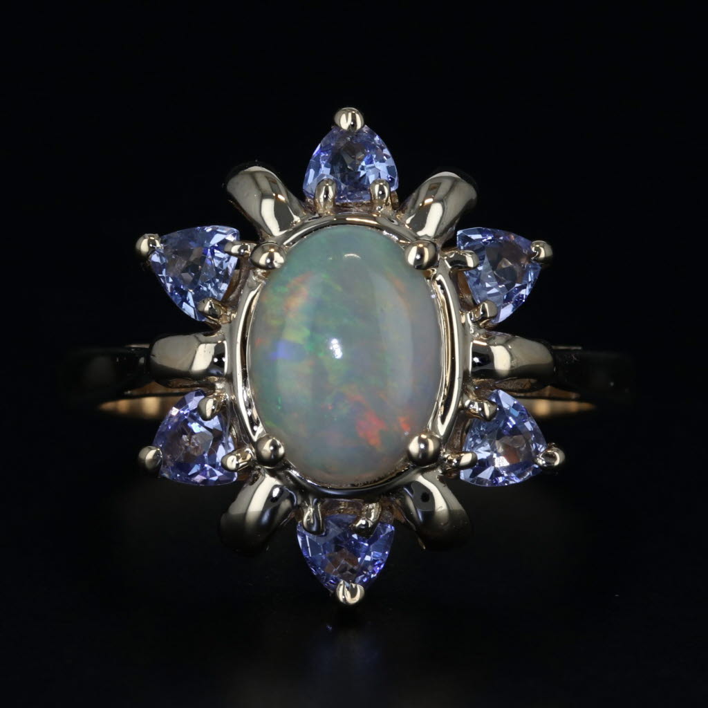 Black Oval Opal Tanzanite Halo Ring 14k Yellow Gold Size 6