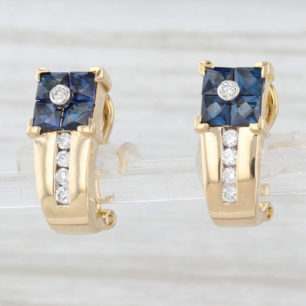 Light Gray 1.76ctw Blue Sapphire Diamond Drop Earrings 18k Yellow Gold Omega Backs