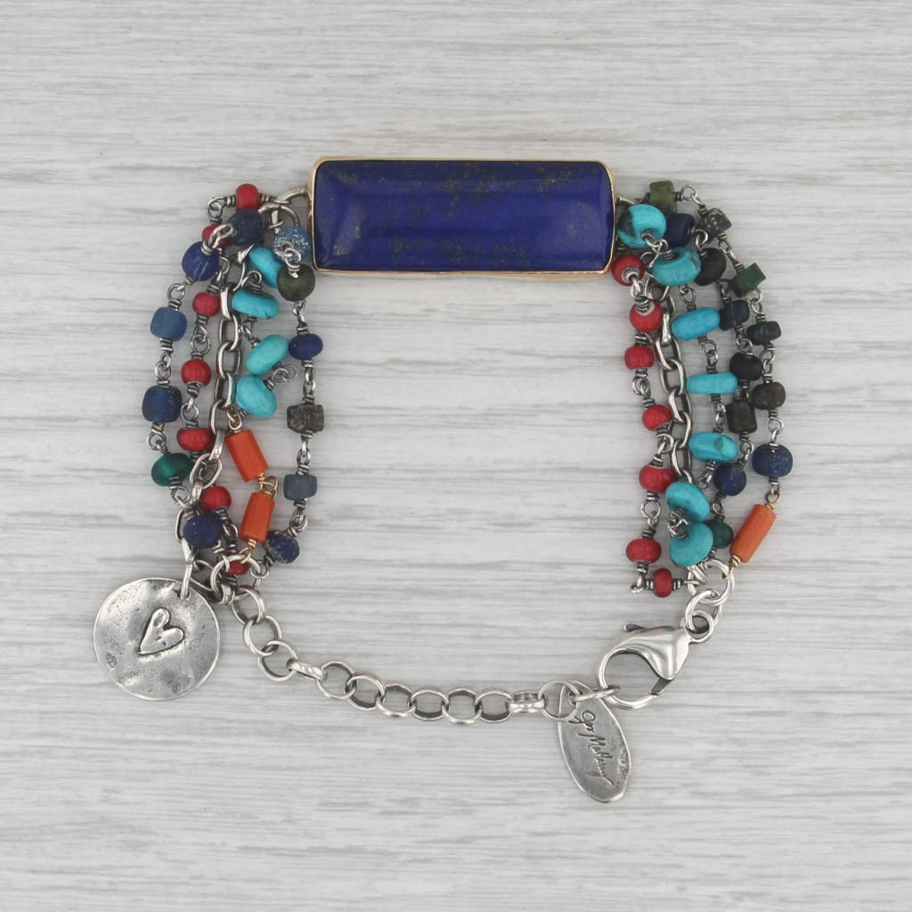 Jes Maharry Lapis Lazuli Coral Turquoise Bead Bracelet Sterling Silver Heart