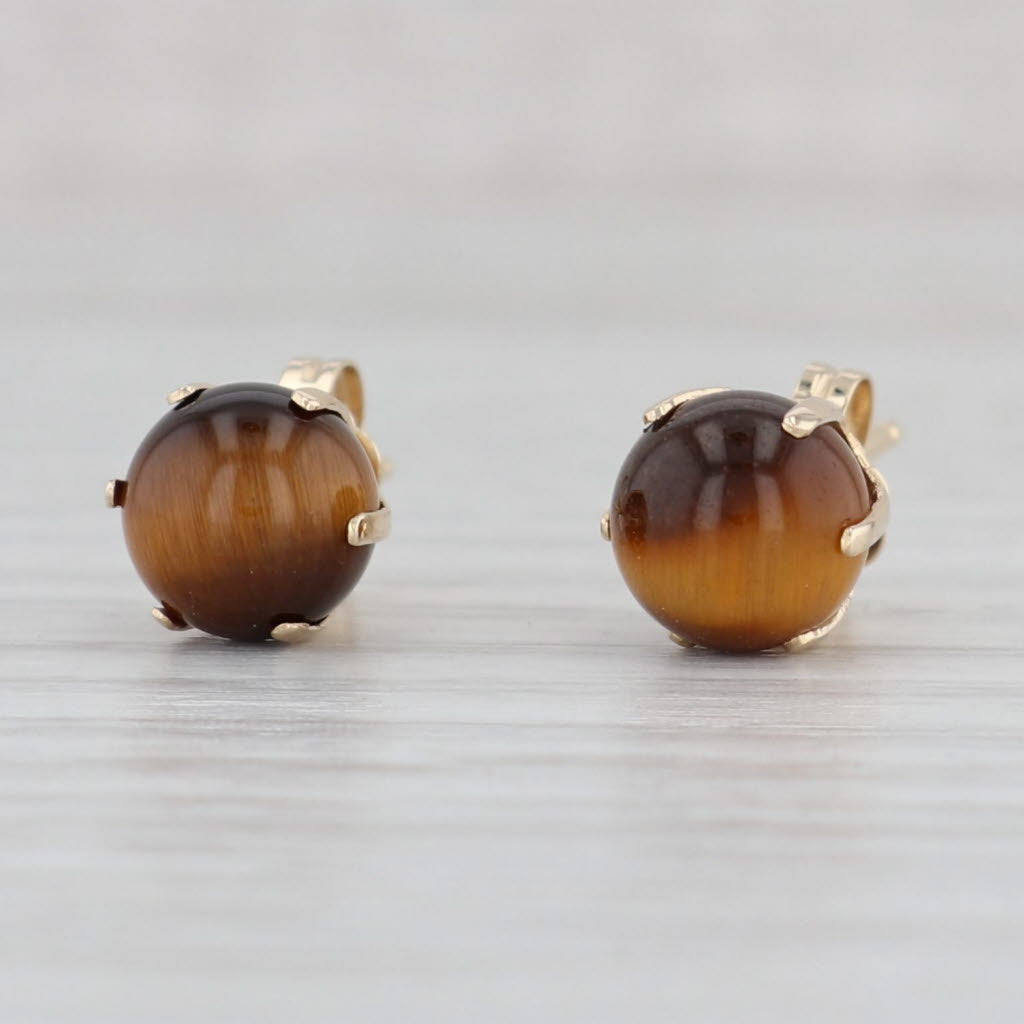 Light Gray Vintage Tiger's Eye Stud Earrings 14k Yellow Gold Brown Round Cabochons