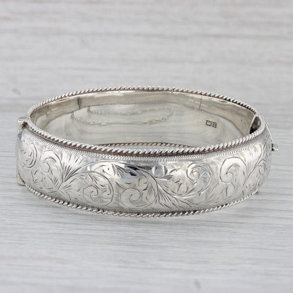 Floral Engraved Hinged Bangle Bracelet Sterling Silver Vintage Birmingham 7.25"