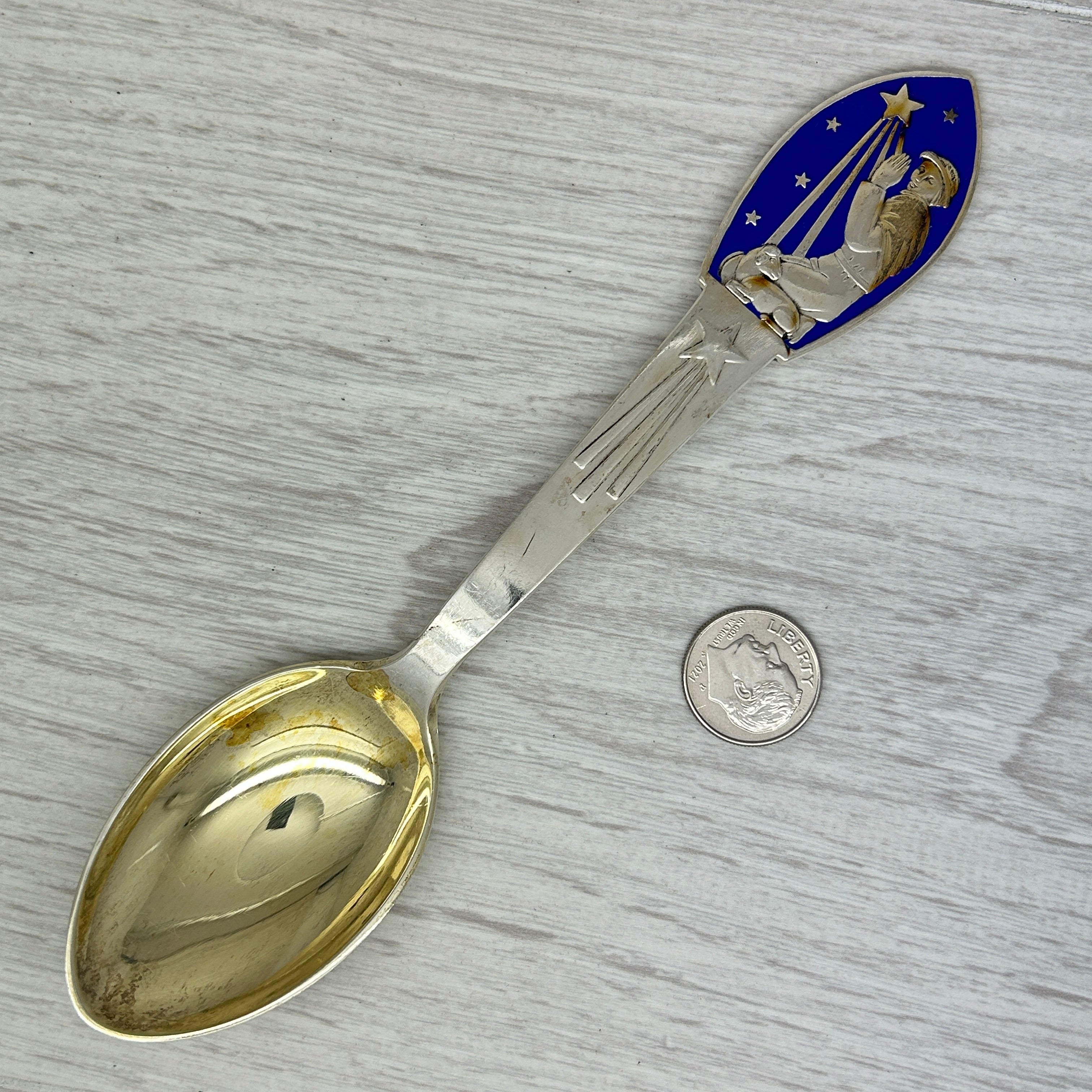 Dark Gray Vintage 1935 Anton Michelsen Sterling Silver & Enamel Christmas Spoon Denmark