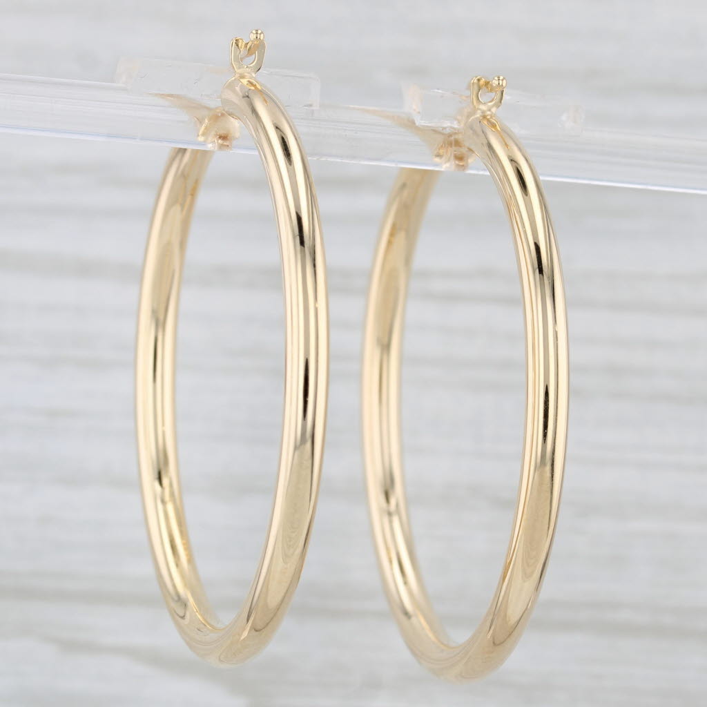 Light Gray New Large Hoop Earrings 14k Yellow Gold Snap Top Round Hoops 3 x35 mm