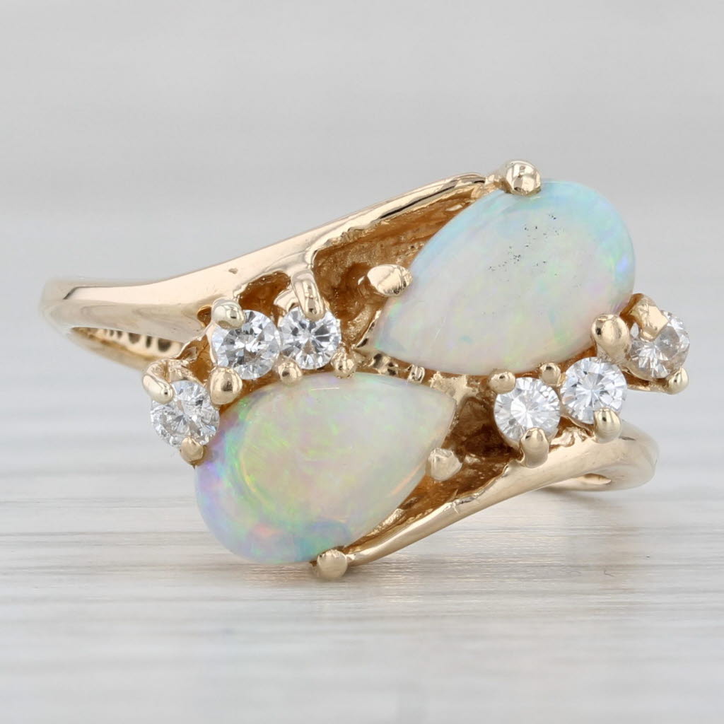 Light Gray Vintage Opal Diamond Bypass Ring 14k Yellow Gold Size 6.5