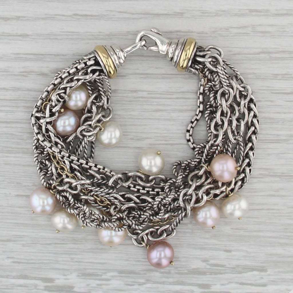 David Yurman Cultured Pearl Multichain Bracelet Sterling Silver 18k Gold 7"