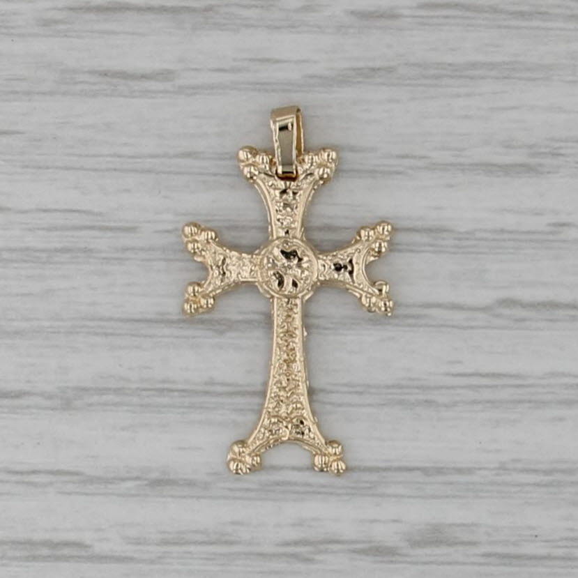 Textured Cross Pendant 14k Yellow Gold Flower Center