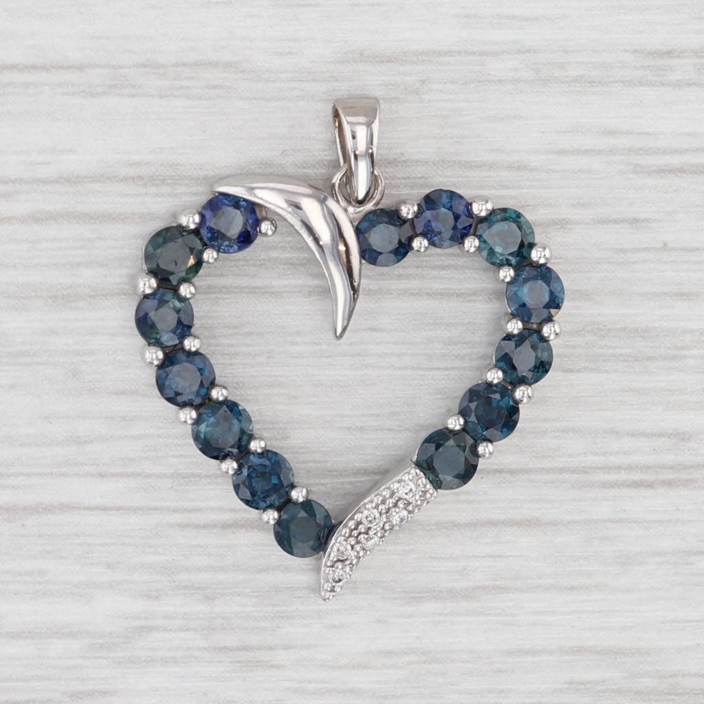 Light Gray 2.105ctw Blue Sapphire Open Heart Pendant Diamond Accents 14k White Gold
