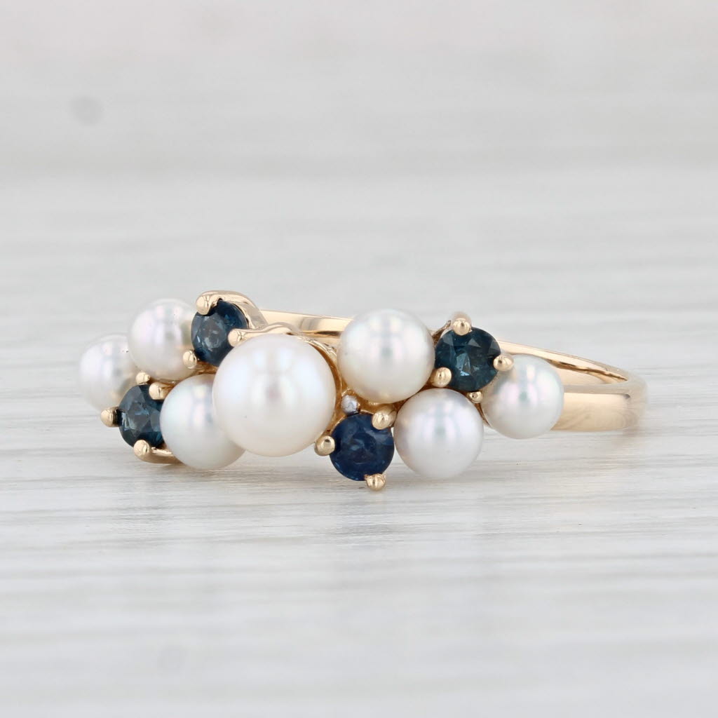 Light Gray Cultured Pearl Blue Sapphire Cluster Ring 14k Yellow Gold Size 9