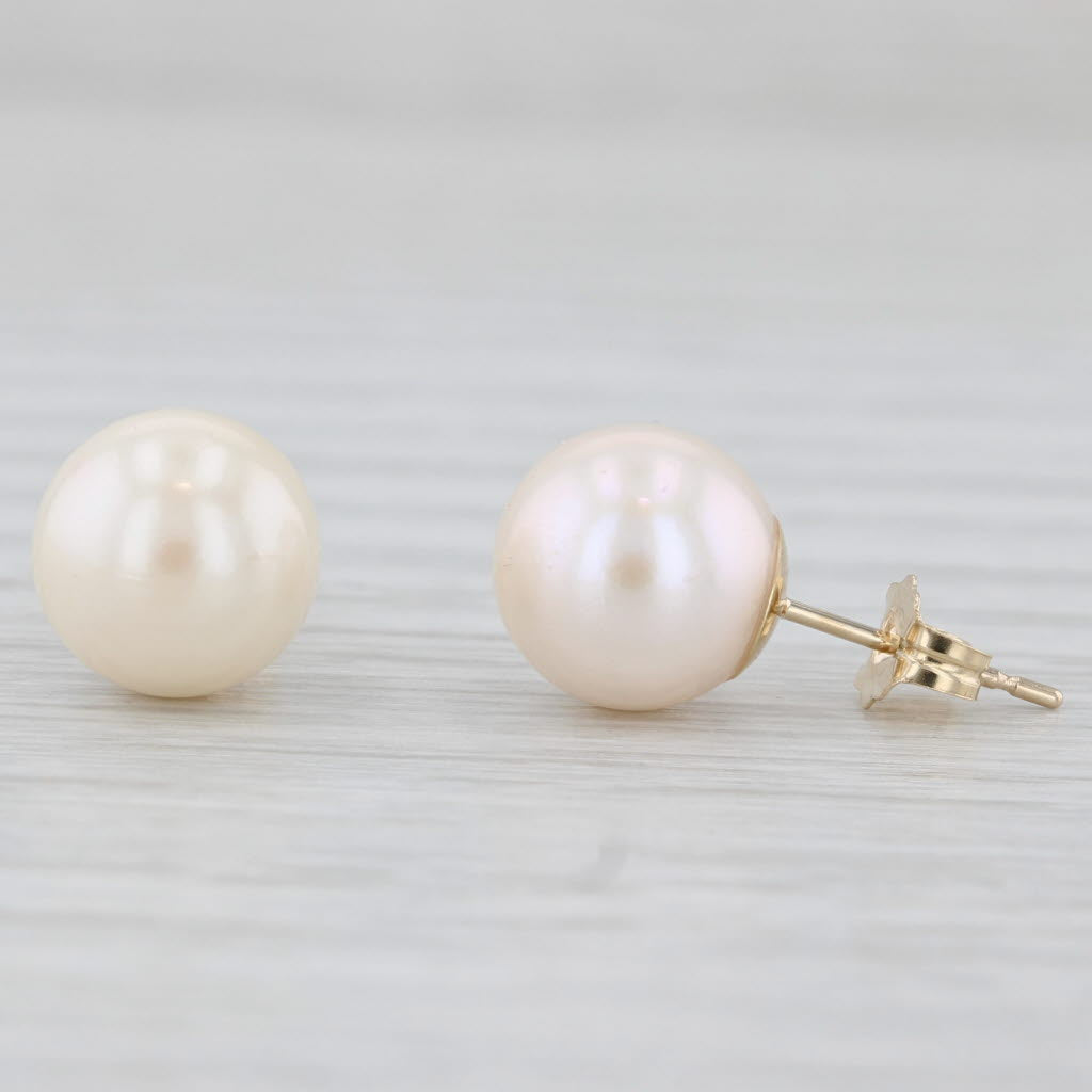 Light Gray Cultured Pearl Stud Earrings 14k Yellow Gold 8.5mm Round Bead Solitaire Studs