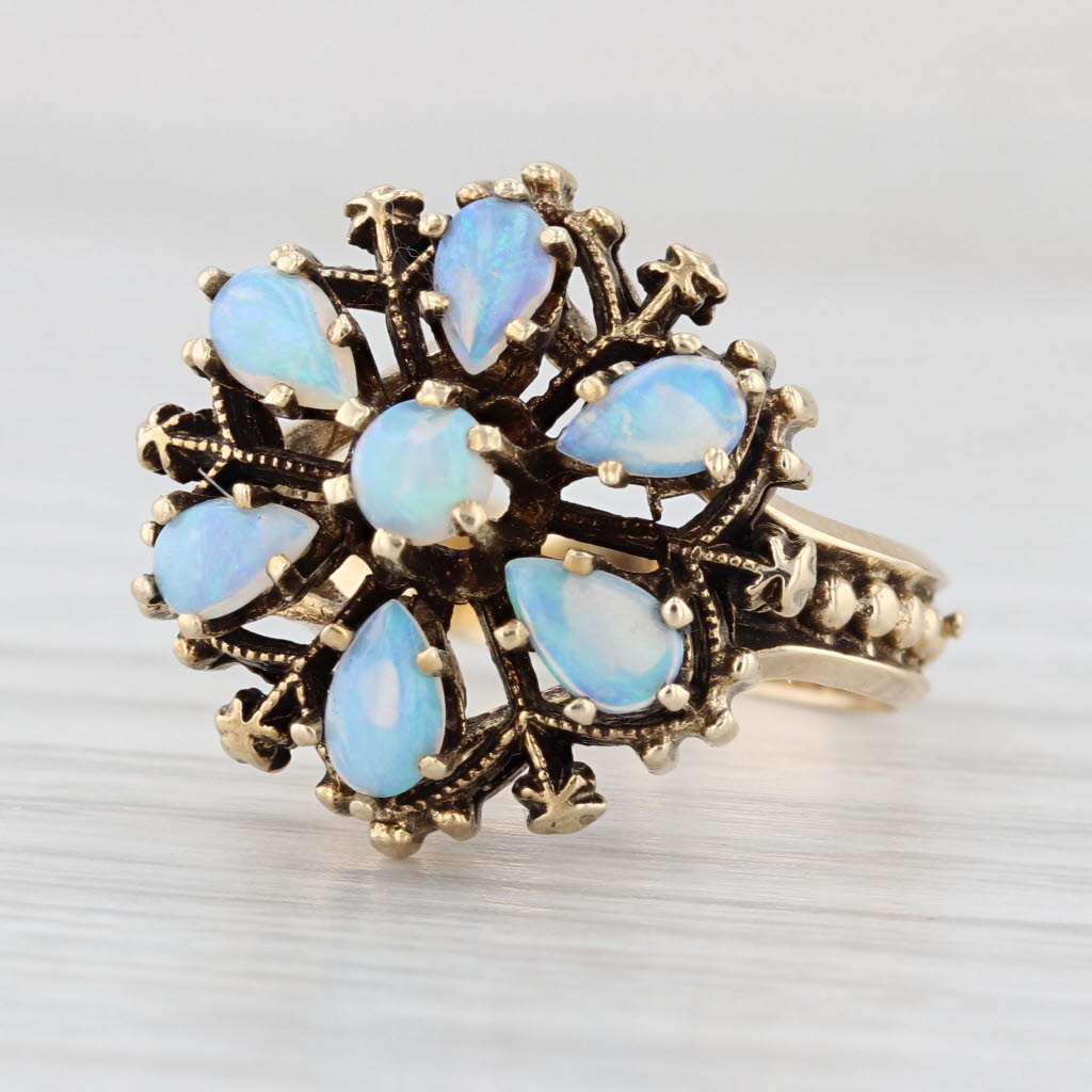 Antique Opal Flower Ring 14k Yellow Gold Filigree Size 6.75 Cocktail