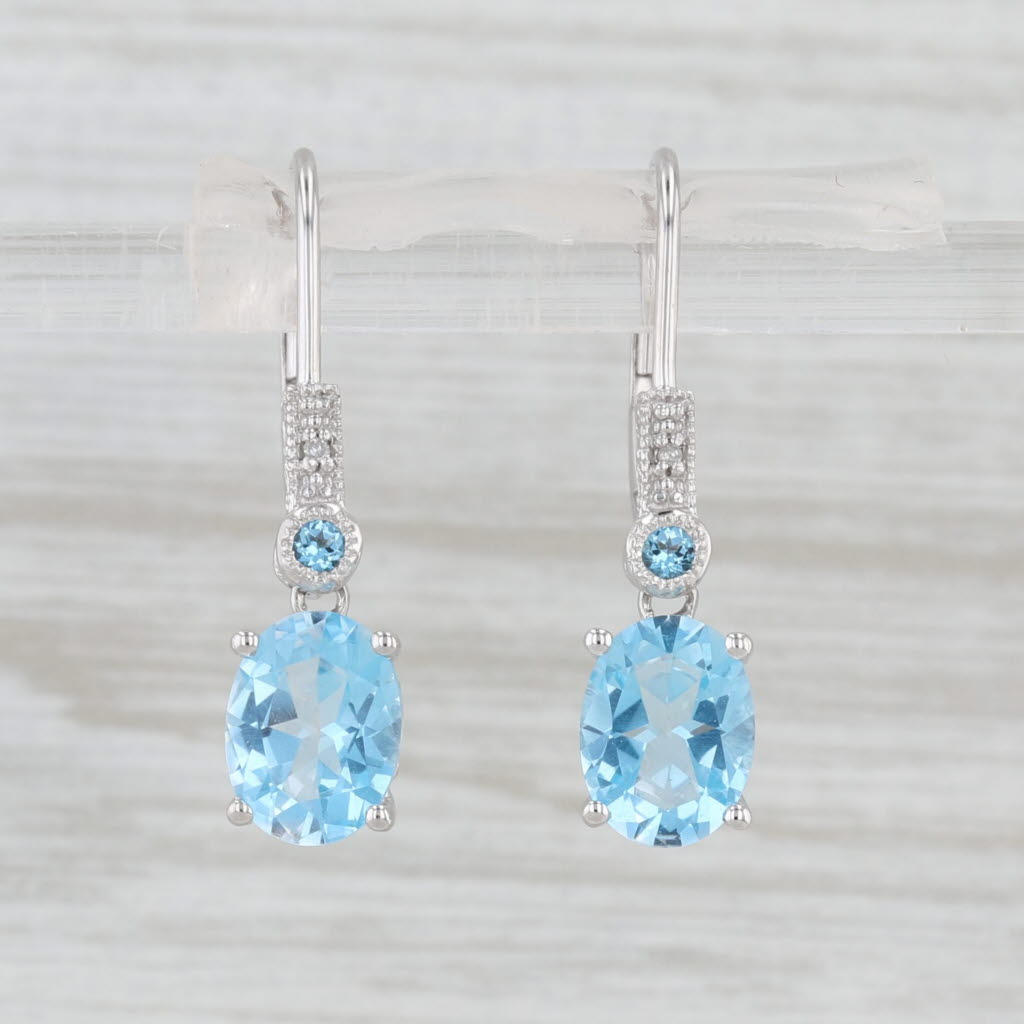 2.84ctw Blue Topaz Diamond Drop Earrings 10k White Gold Lever Back Drops