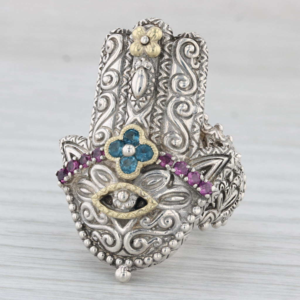 Light Gray Barbara Bixby Garnet Topaz Hamsa Hand Ring Sterling Silver 18k Gold Sz 6 Ornate