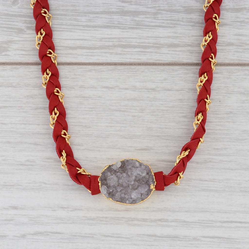 New Cordelia Nina Wynn Necklace Red Woven Leather Gold Vermeil White Druzy