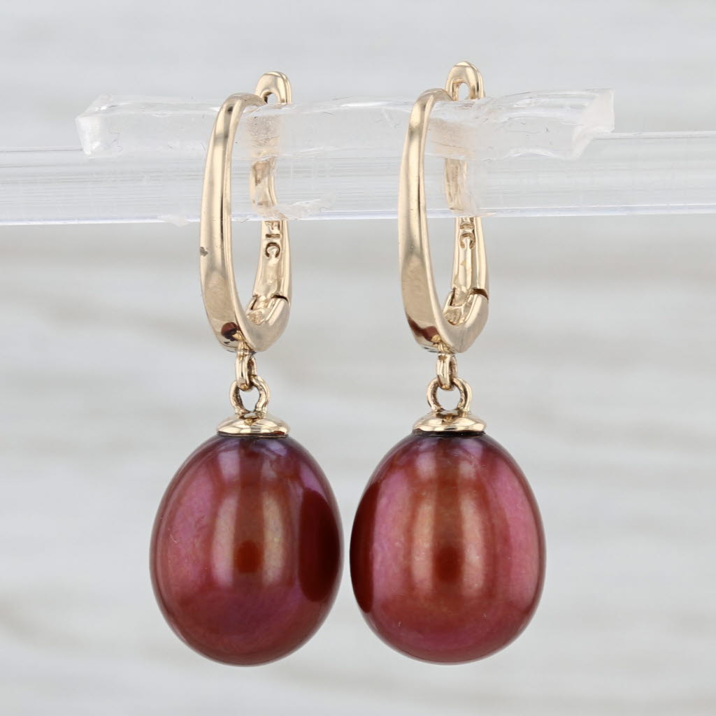 Bronze Brown Cultured Pearl Dangle Earrings 14k Yellow Gold Snap Top