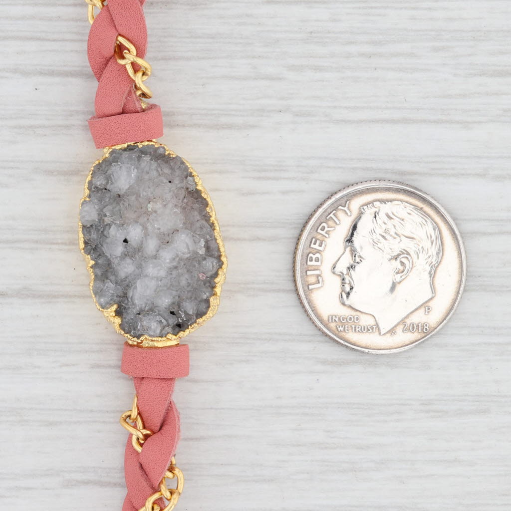New Nina Wynn Necklace Cordelia Woven Pink Leather Gray Druzy Pendant NWT