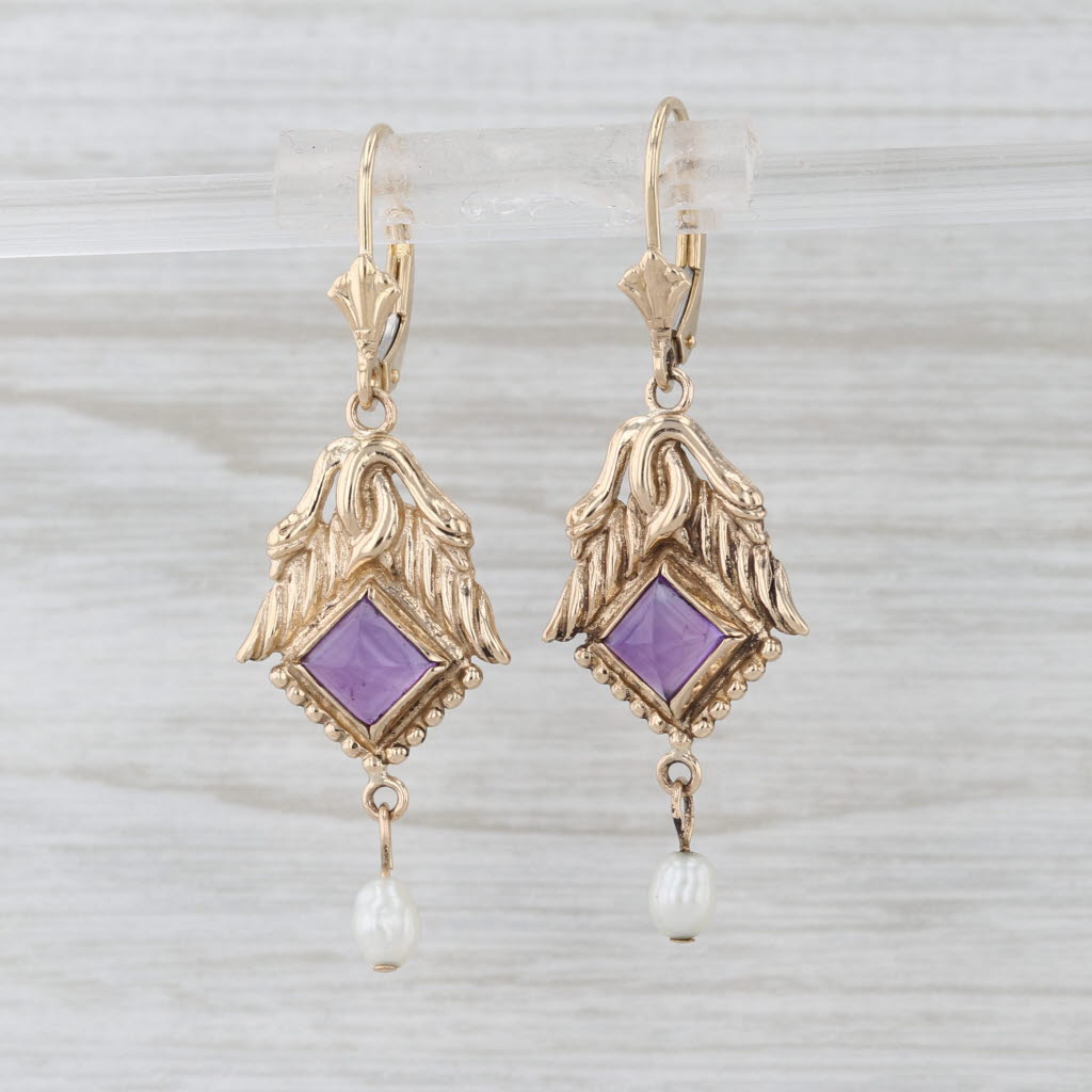Ornate Amethyst Cultured Pearl Dangle Earrings 14k Yellow Gold Hook Post Drops