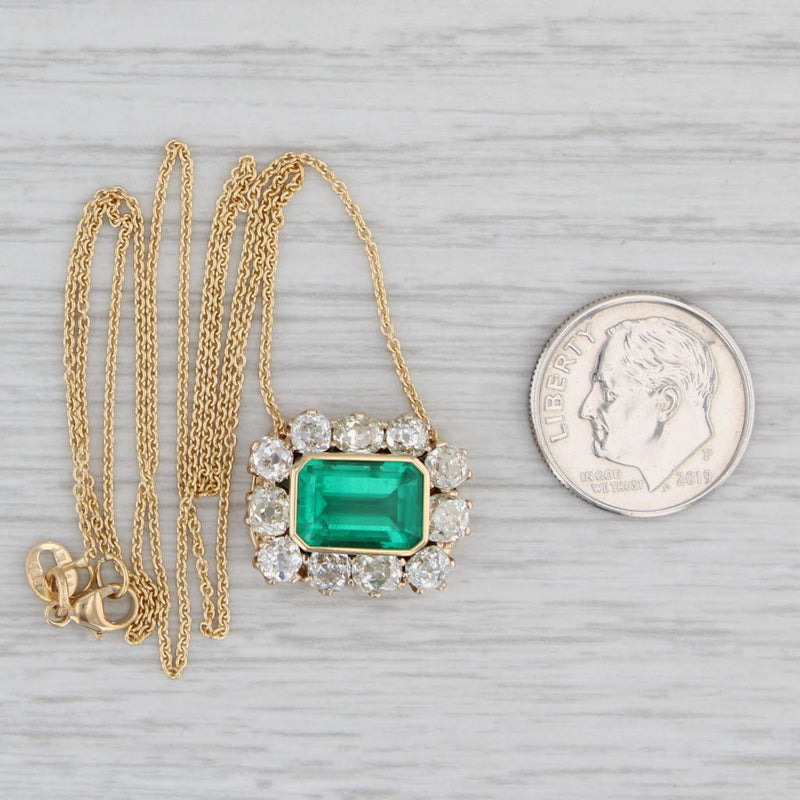 Gray 4.25ctw Antique GIA F1 Emerald Mine Diamond Halo Pendant Necklace 18k Gold 17.5"