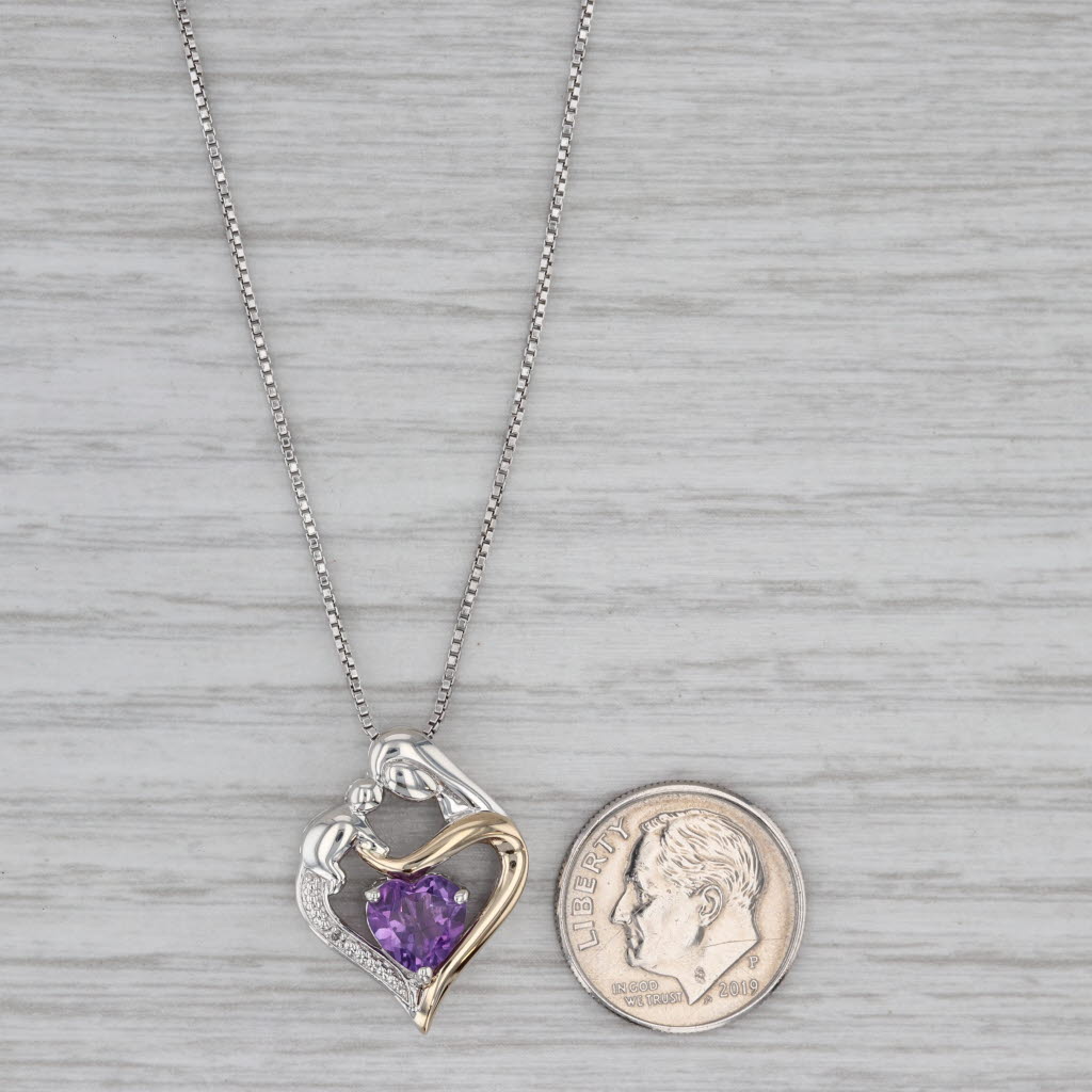 Gray 1.12ct Amethyst Mother & Child Heart Pendant Necklace Sterling Silver 14k Gold
