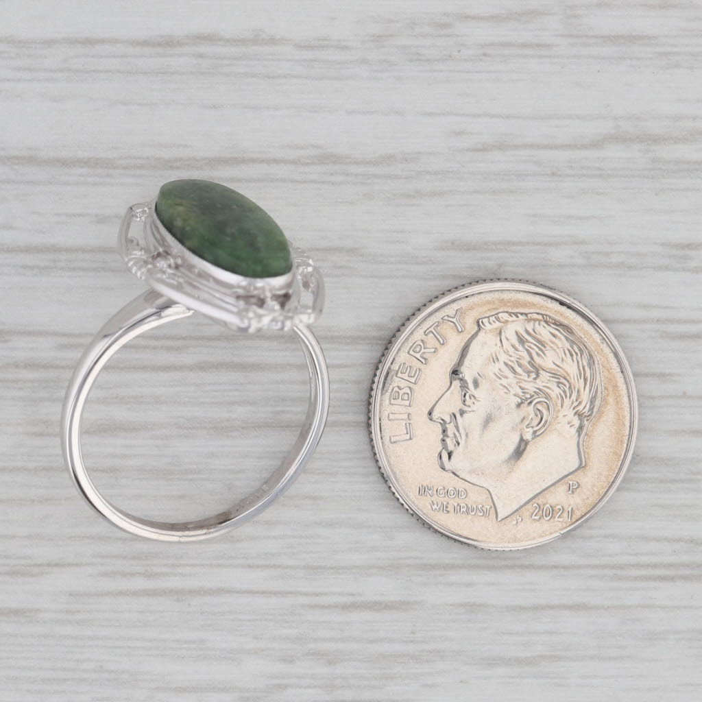 Gray Vintage Green Nephrite Jade Oval Cabochon Ring 10k White Gold Size 5.5