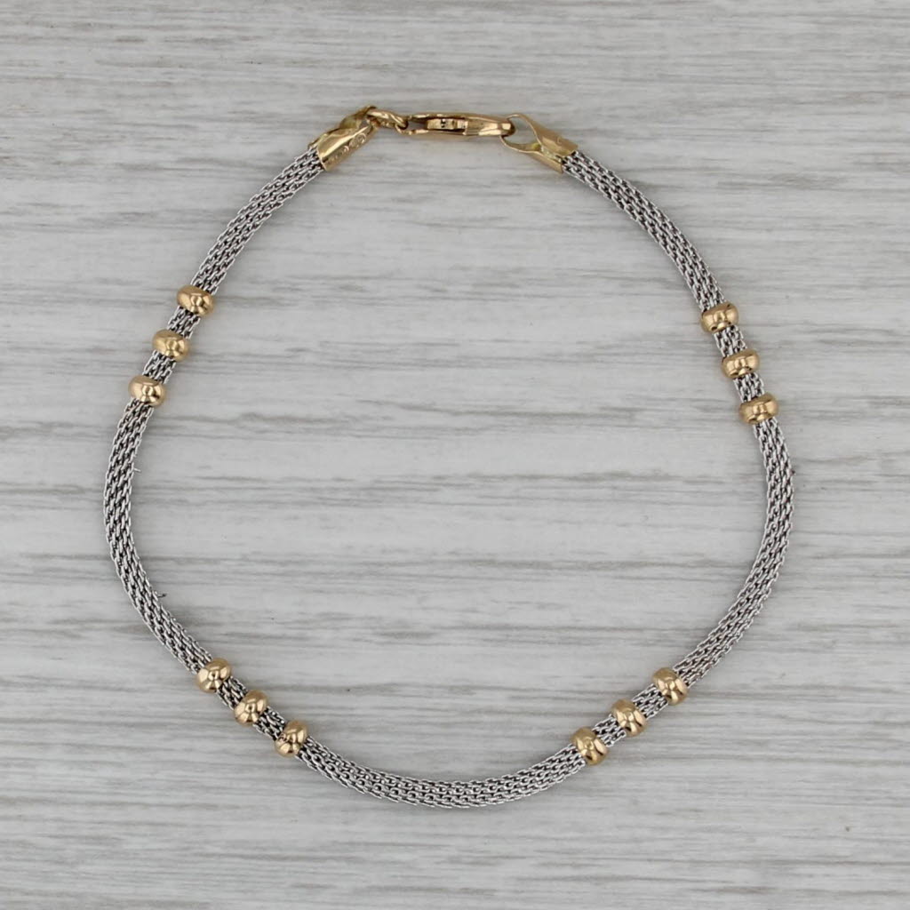 Mesh Chain Bead Bracelet 7" 18k White & Yellow Gold 3.5mm