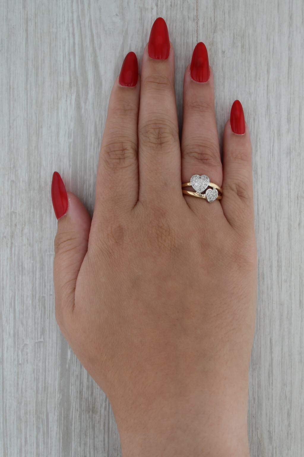 0.15ctw Pave Diamond Hearts Ring 10k Yellow White Gold Size 6.75
