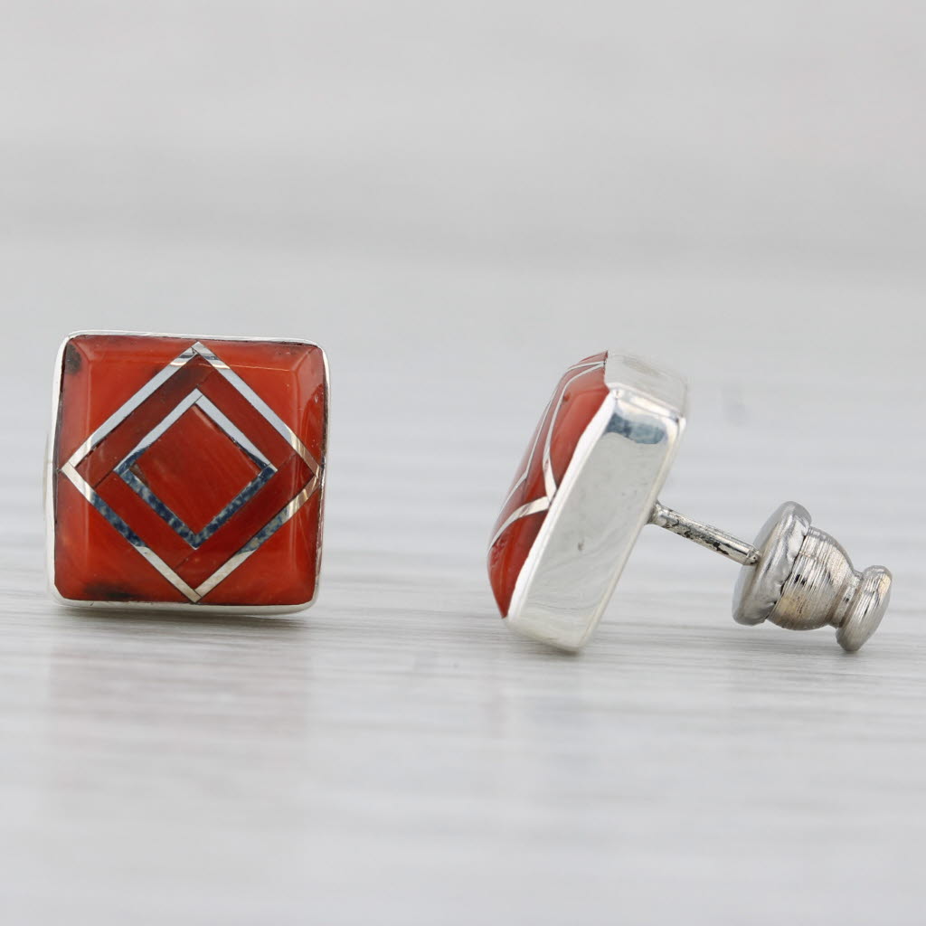 Light Gray Vintage Mosaic Coral Shell Mosaic Stud Earrings Sterling Silver Native American