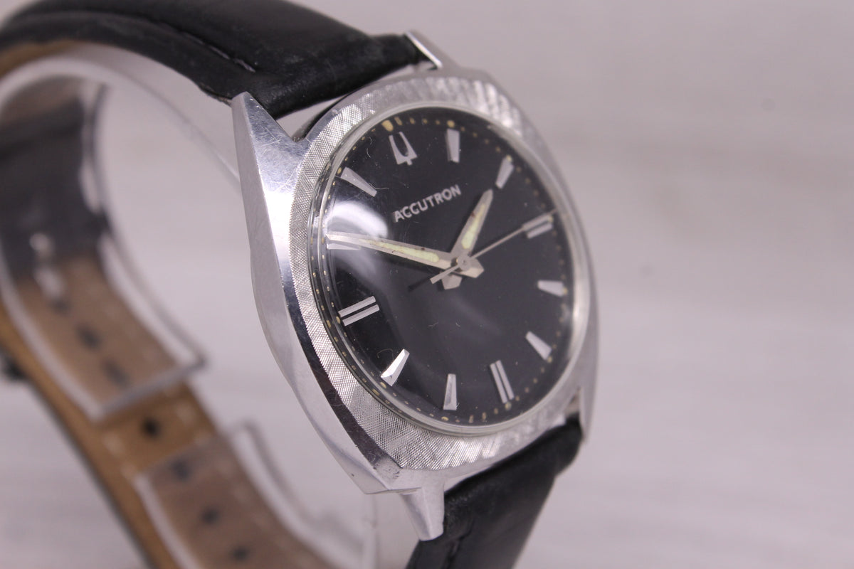 Vintage 1966 Bulova Accutron 214 Asymetric Steel Tuning Fork Watch Black Dial