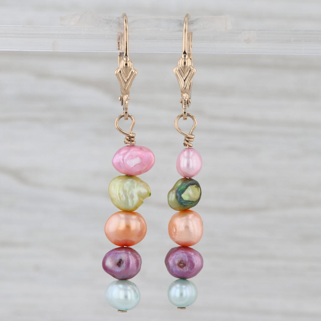 Multicolor Cultured Pearl Dangle Earrings 14k Yellow Gold Lever Back Drops