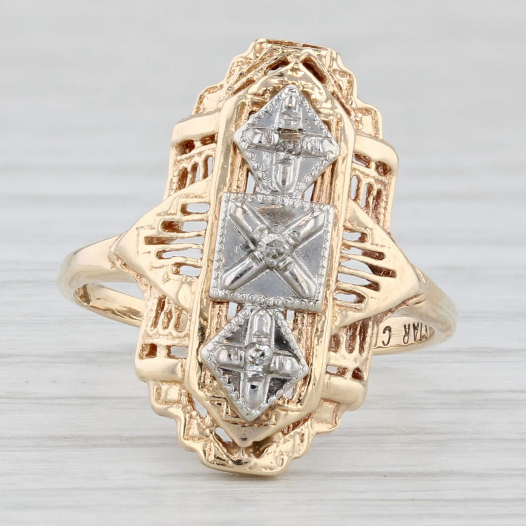 Light Gray Vintage Diamond Filigree Ring 10k Yellow White Gold Size 4.5 Star Craft