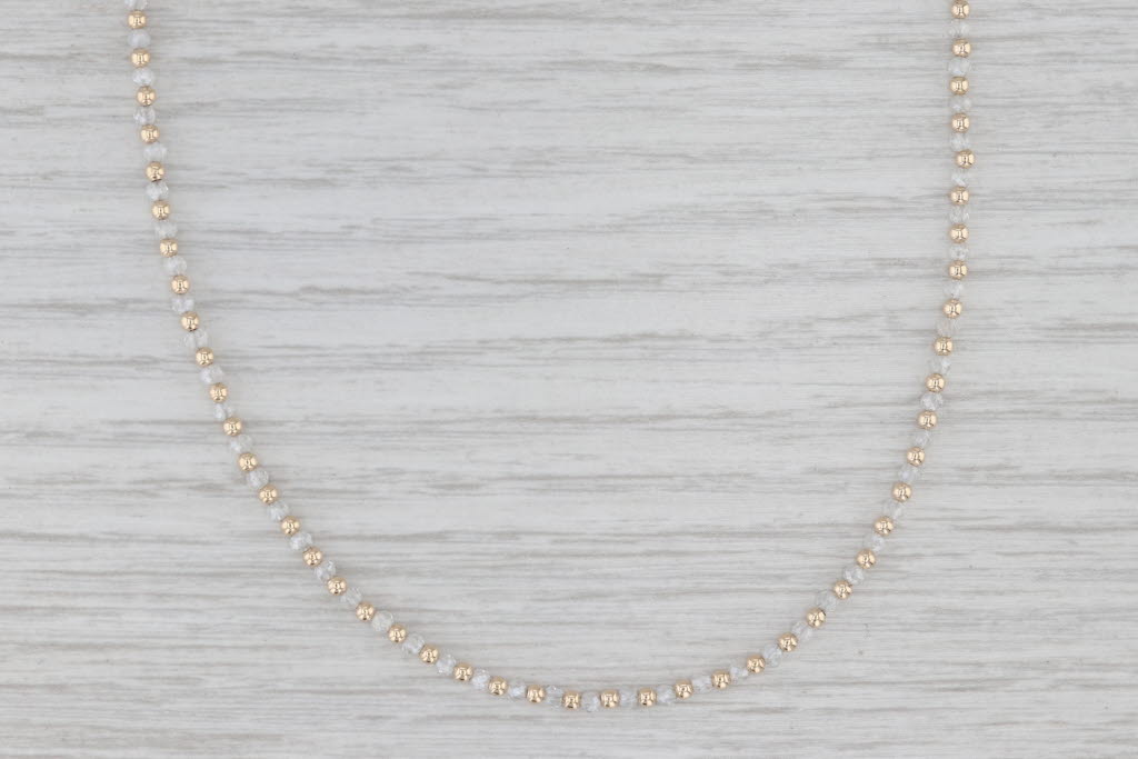 White Topaz Bead Single Strand Necklace 14k Yellow Gold 16" 2mm