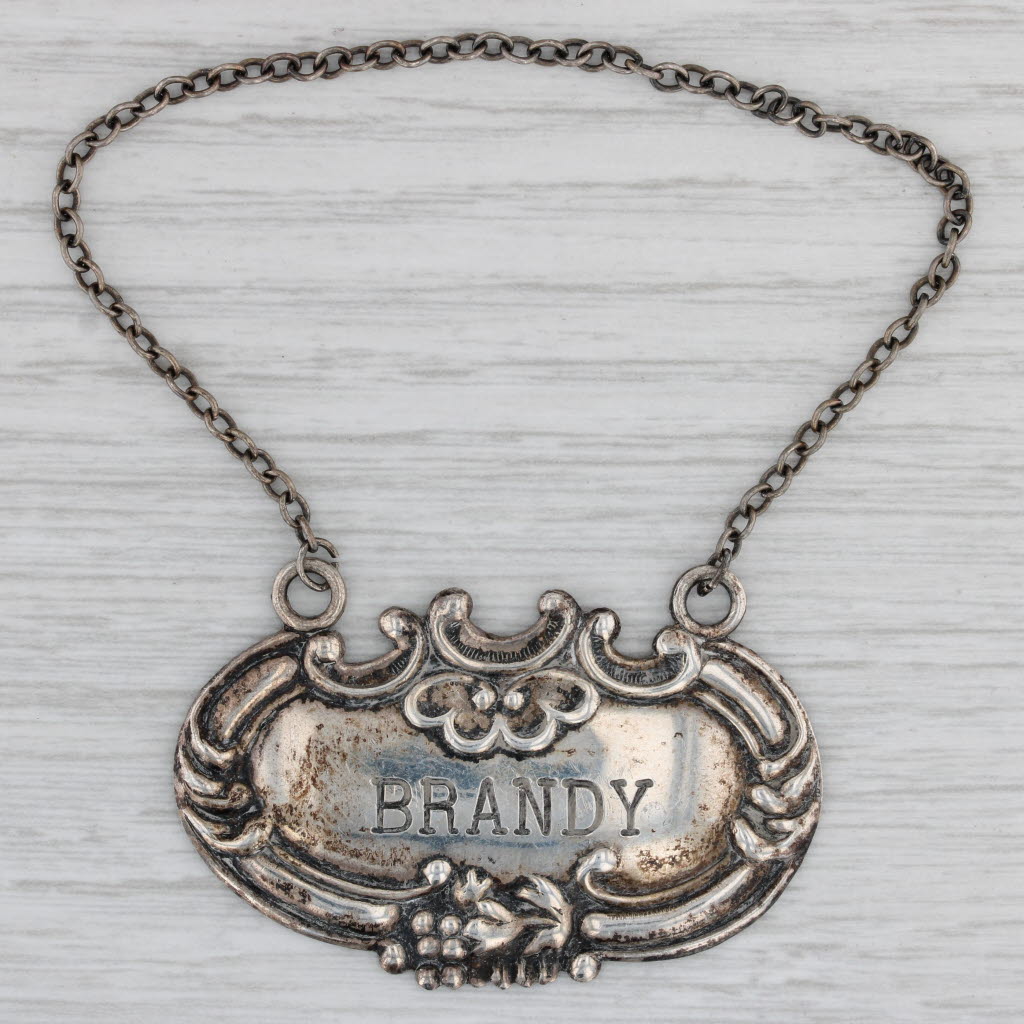 Gray Antique Brandy Decanter Bottle Tag Charm Sterling Silver Barware Ornate