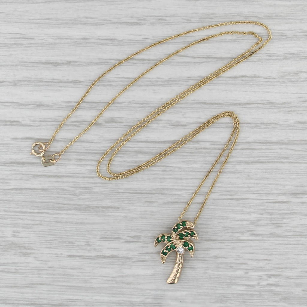 0.29ctw Emerald Diamond Palm Tree Pendant Necklace 14k Yellow Gold 18"
