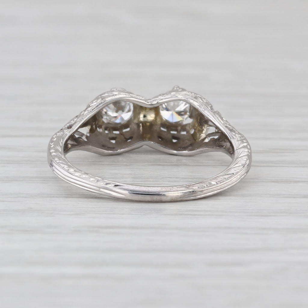 Vintage Art Deco 2-Diamond Filigree Ring 18k White Gold Size 6.75