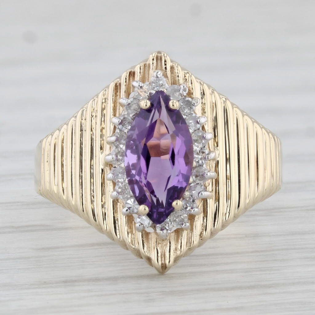 Light Gray 0.90ctw Marquise Amethyst Diamond Halo Ring 10k Yellow Gold Size 6.25