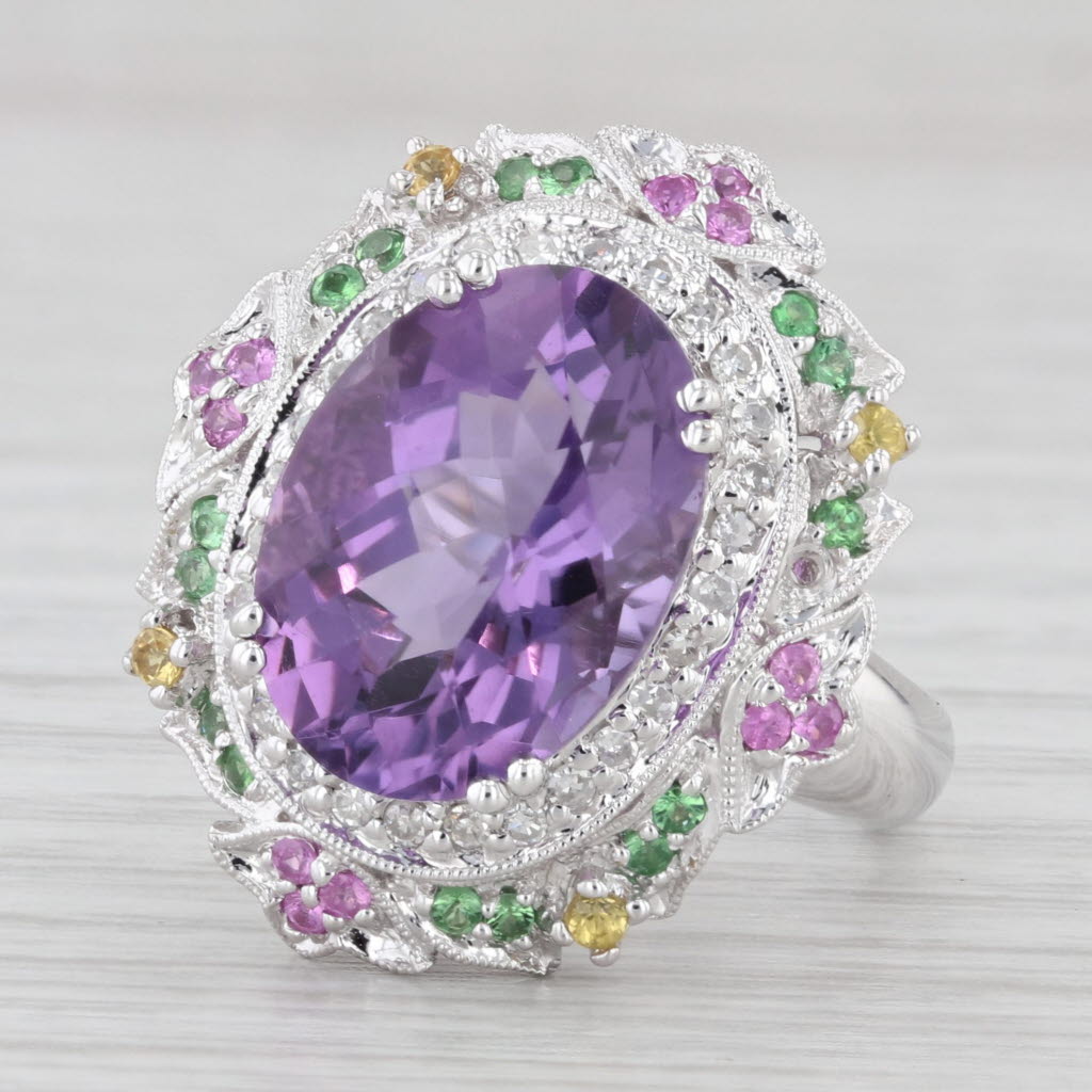 Light Gray 6.37ctw Amethyst Diamond Sapphire Garnet Ring 14k White Gold Sz 8 Cocktail Halo