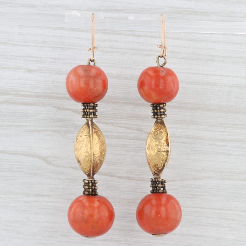 Light Gray Antique Coral Bead Dangle Earrings 18k Gold Ornate Floral Drops Hook Posts