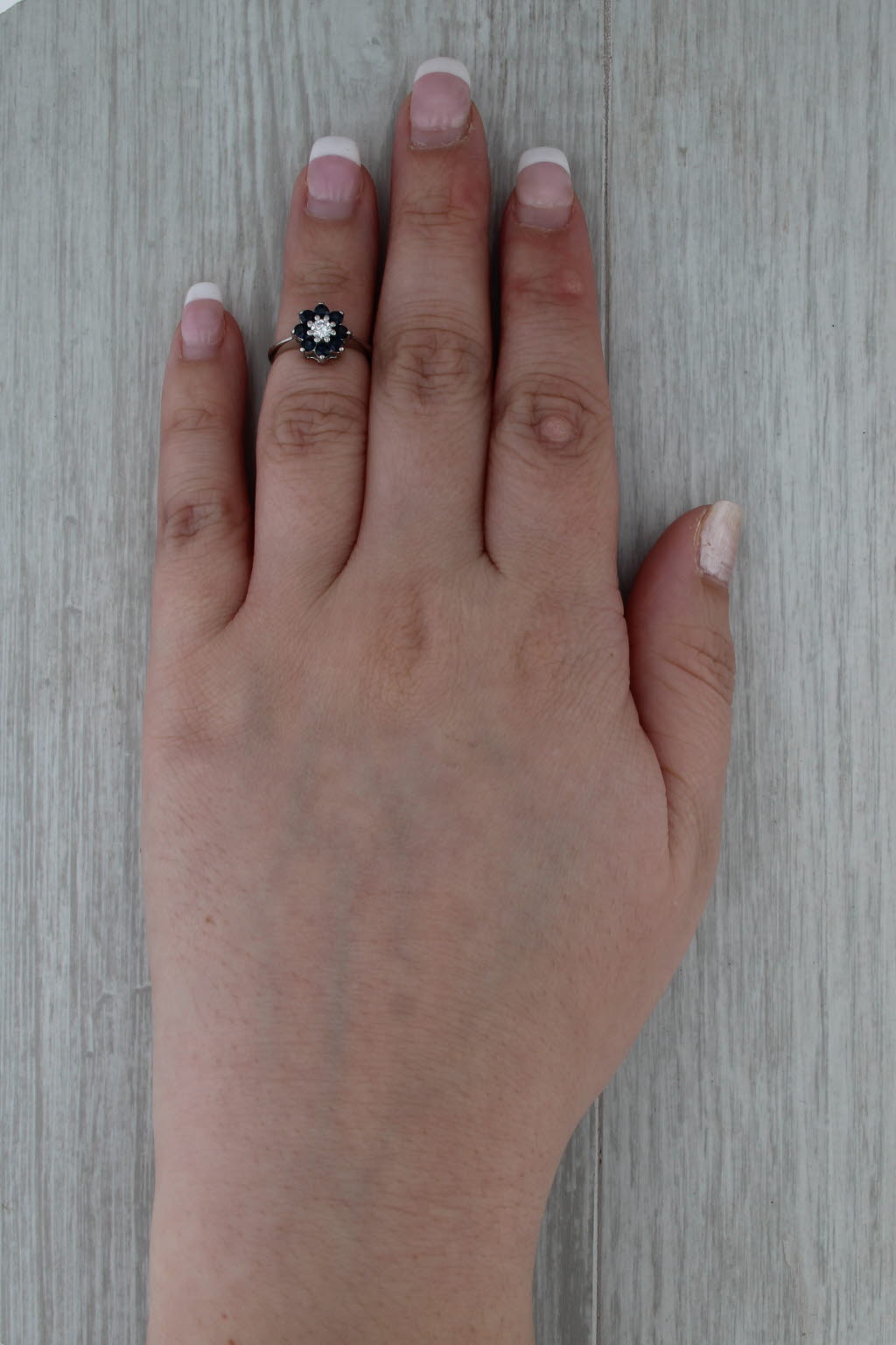 0.60ctw Diamond Blue Sapphire Halo Flower Ring 14k White Gold Size 3 Engagement