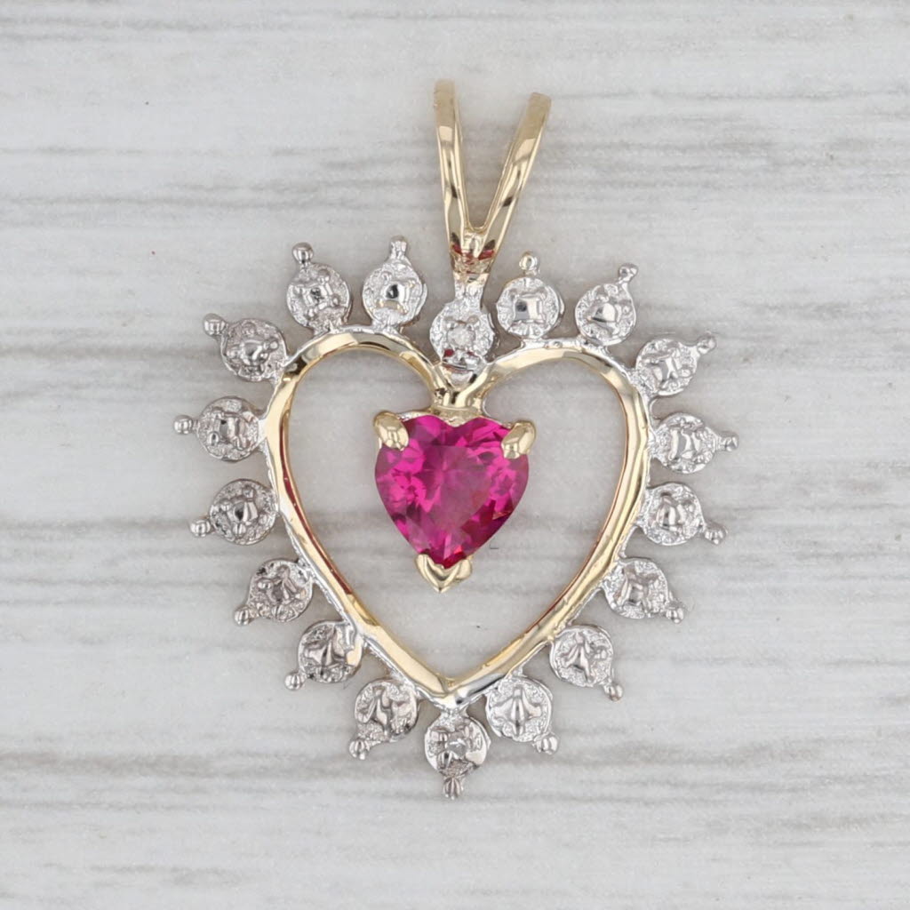 Lab Created Ruby Diamond Framed Open Heart Pendant 10k Yellow Gold