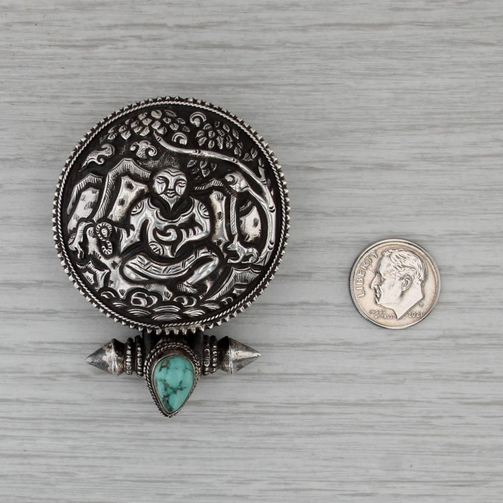 Ornate Asian Vintage Trinket Snuff Box 825 Silver Turquoise Opens Round Tribal