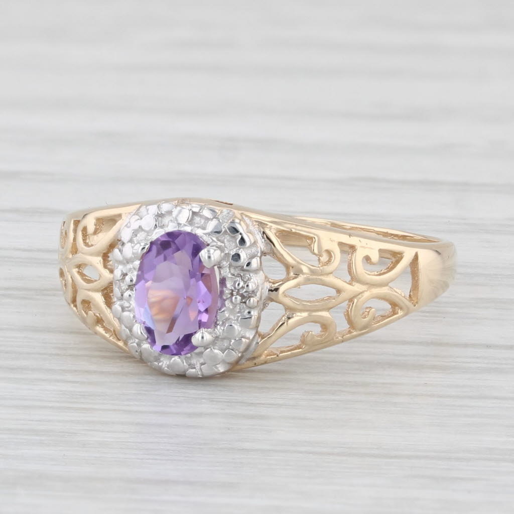 Light Gray 0.40ct Oval Amethyst Ring 10k Yellow Gold Openwork Diamond Accents Size 7