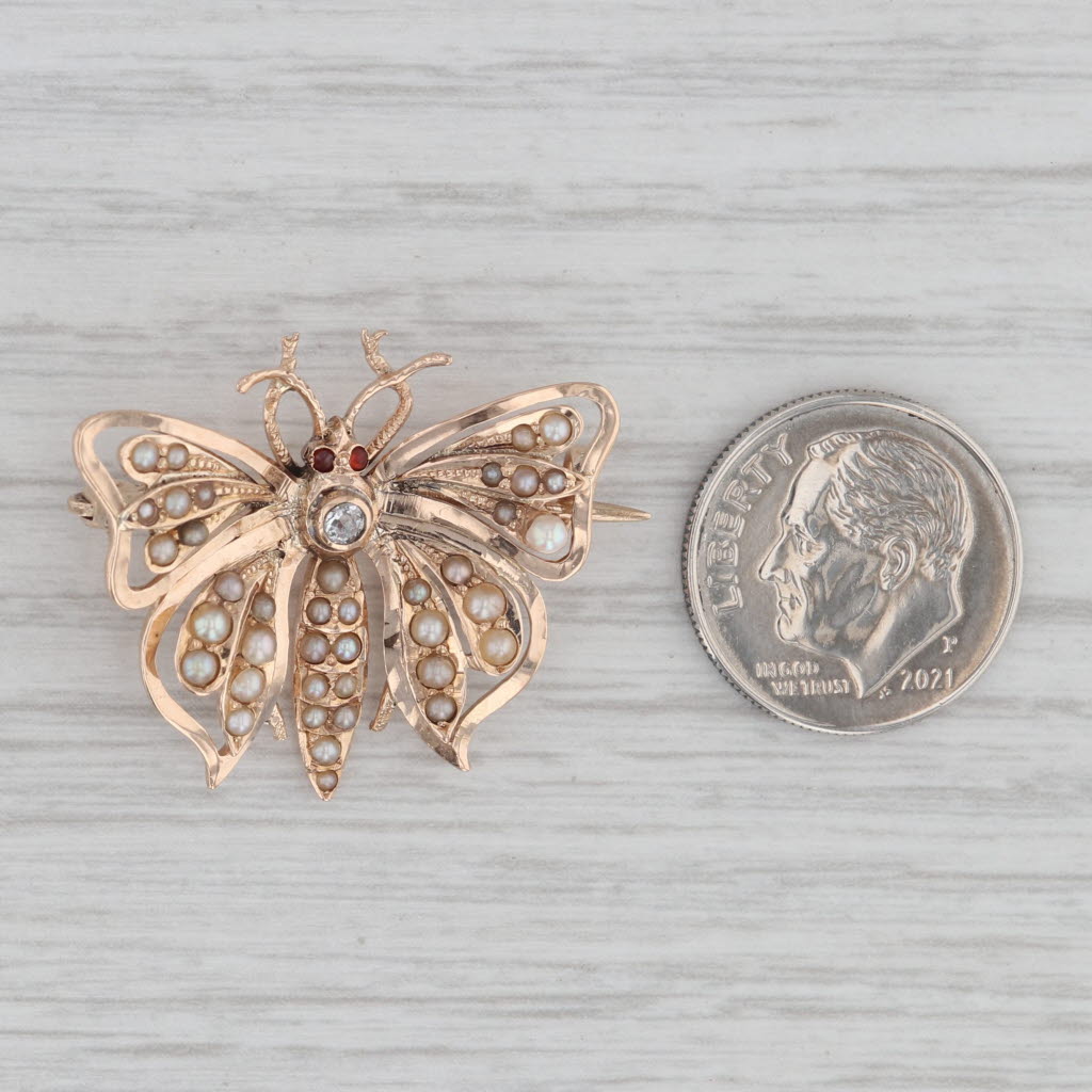 Gray Vintage Pearl Diamond Butterfly Brooch 14k Yellow Gold Pin Insect Jewelry