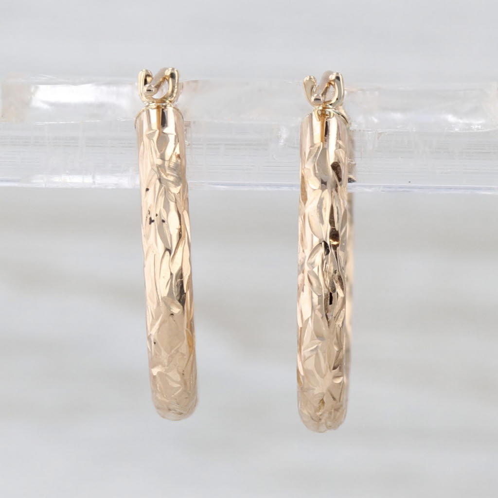 Small Etched Hoop Earrings 10k Yellow Gold Snap Top Round Hoops 19 x 2.4 mm