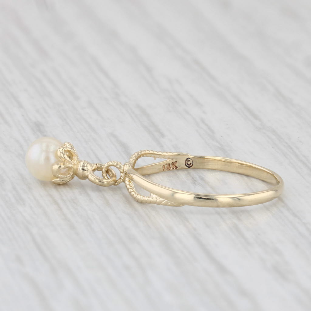 Light Gray Cultured Pearl Dangle Charm Ring 14k Yellow Gold Small Size 3.5 Band
