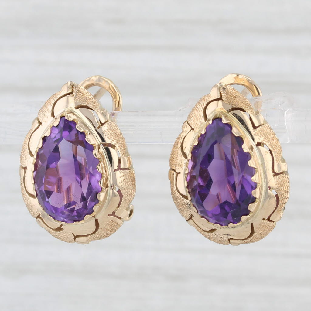 Light Gray 8.3ctw Pear Amethyst Solitaire Large Teardrop 14K Yellow Gold Earrings